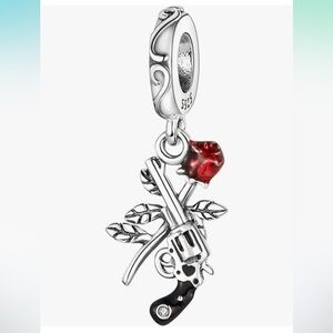 Sterling Silver Rose & Gun Charm dangle charm that fits all Pandora bracelets
